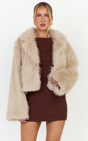 Charisse Coat - Oversized Crop Faux Fur Coat in Light Brown