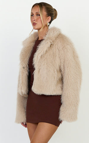 Charisse Coat - Oversized Crop Faux Fur Coat in Light Brown
