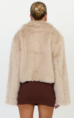 Charisse Coat - Oversized Crop Faux Fur Coat in Light Brown