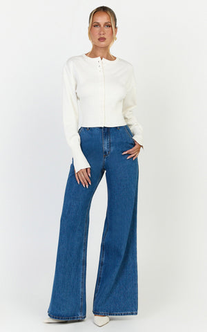 Therese Jeans - High Waist Wide Leg Flare Recycled Denim Jeans in Dark Blue Wash