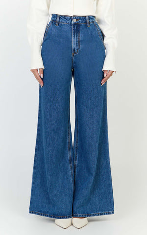 Therese Jeans - High Waist Wide Leg Flare Recycled Denim Jeans in Dark Blue Wash