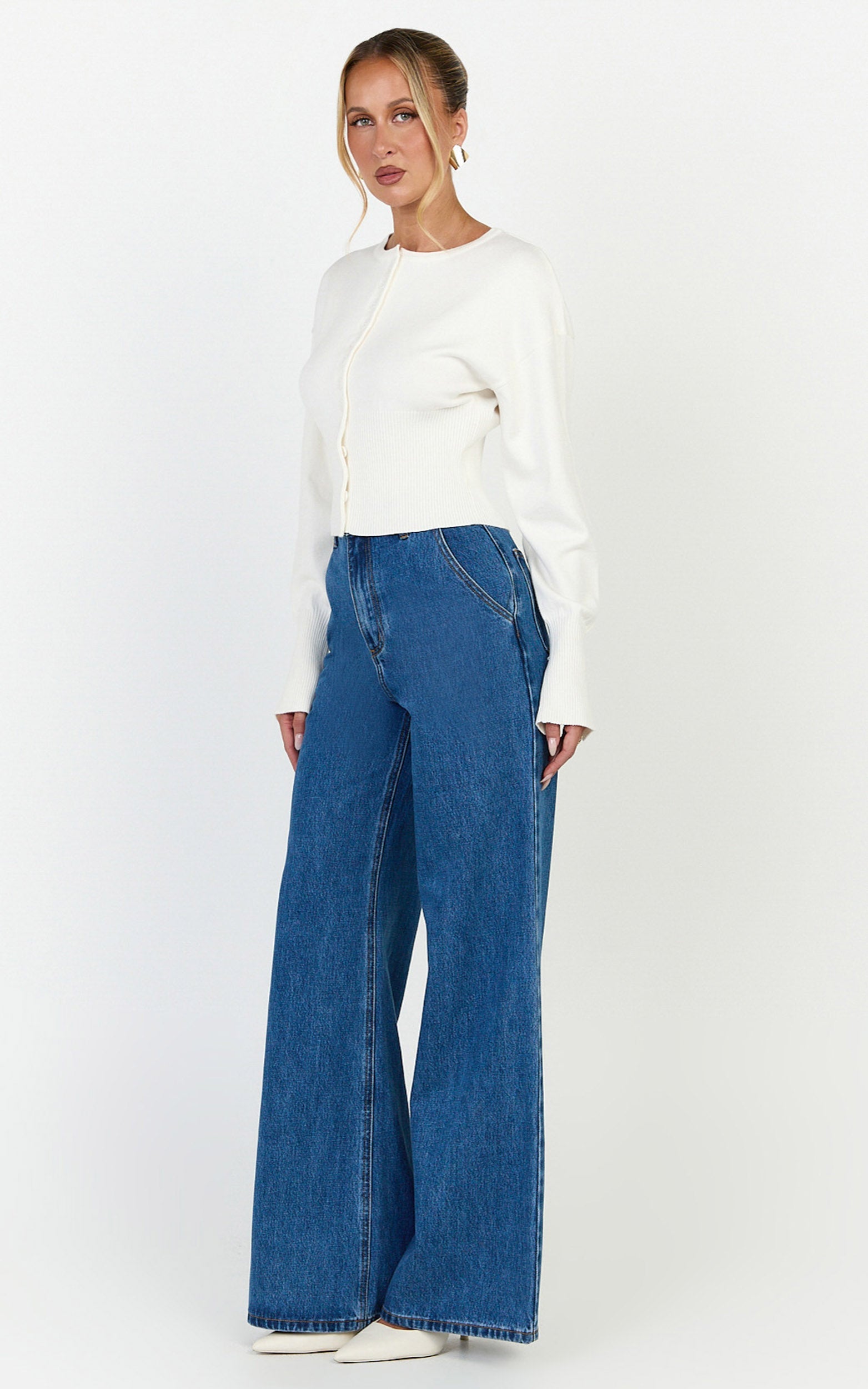 Therese Jeans - High Waist Wide Leg Flare Recycled Denim Jeans in Dark Blue Wash