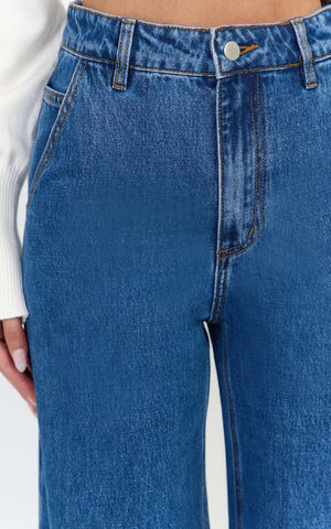 Therese Jeans - High Waist Wide Leg Flare Recycled Denim Jeans in Dark Blue Wash