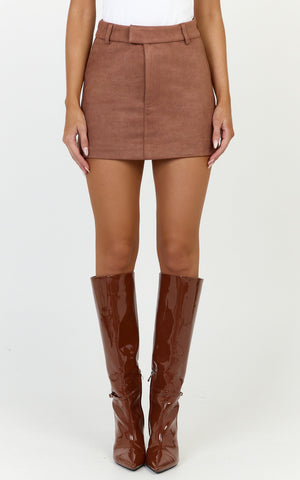 Priscilla Mini Skirt - Mid Waist Faux Suede Skirt in Brown Tan