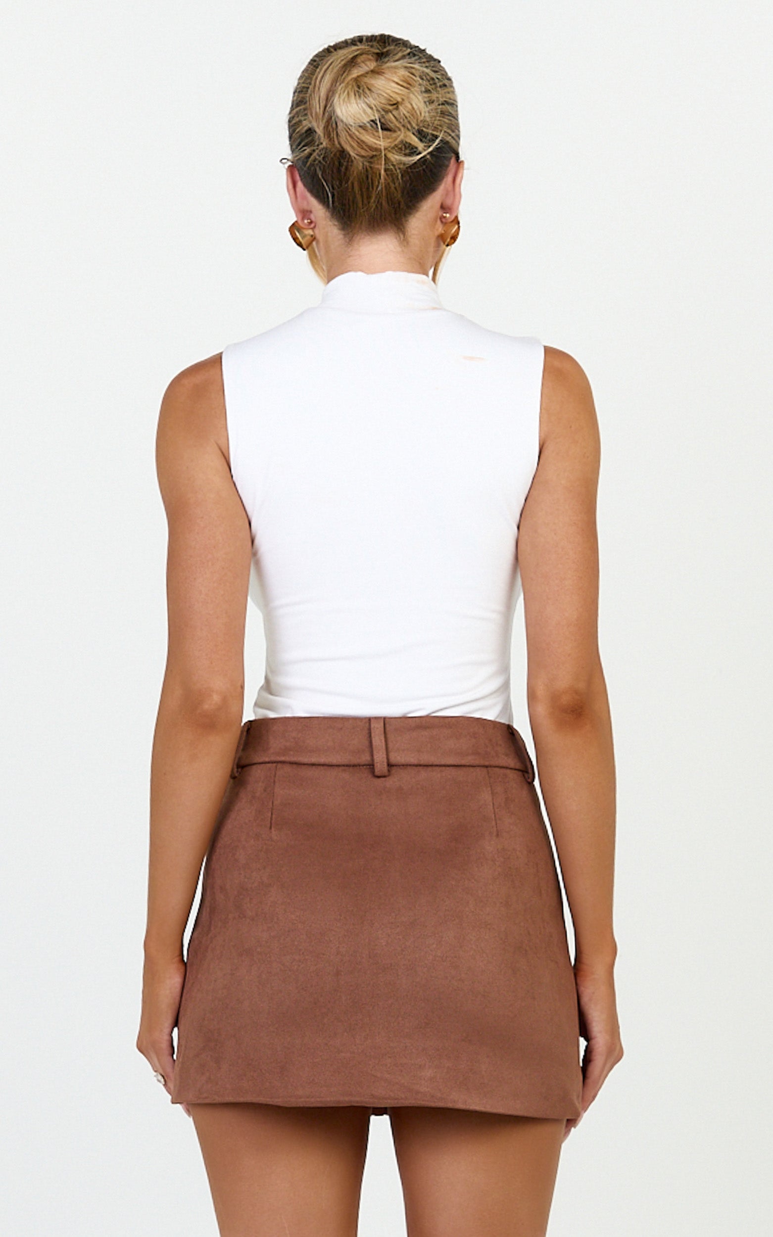 Priscilla Mini Skirt - Mid Waist Faux Suede Skirt in Brown Tan