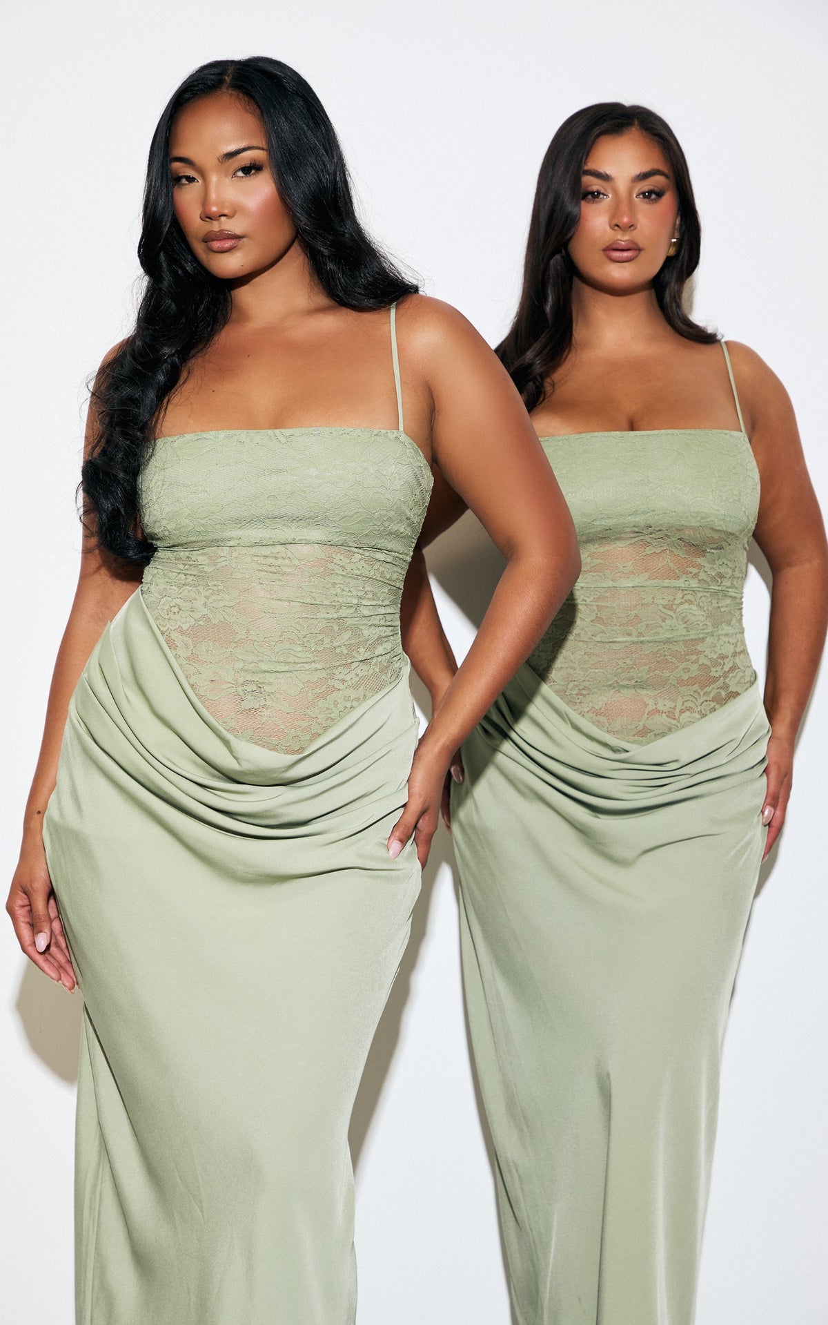 Rania Maxi Dress - Contrast Lace Bodice Bias Cowl Drop Waist Dress in Sage