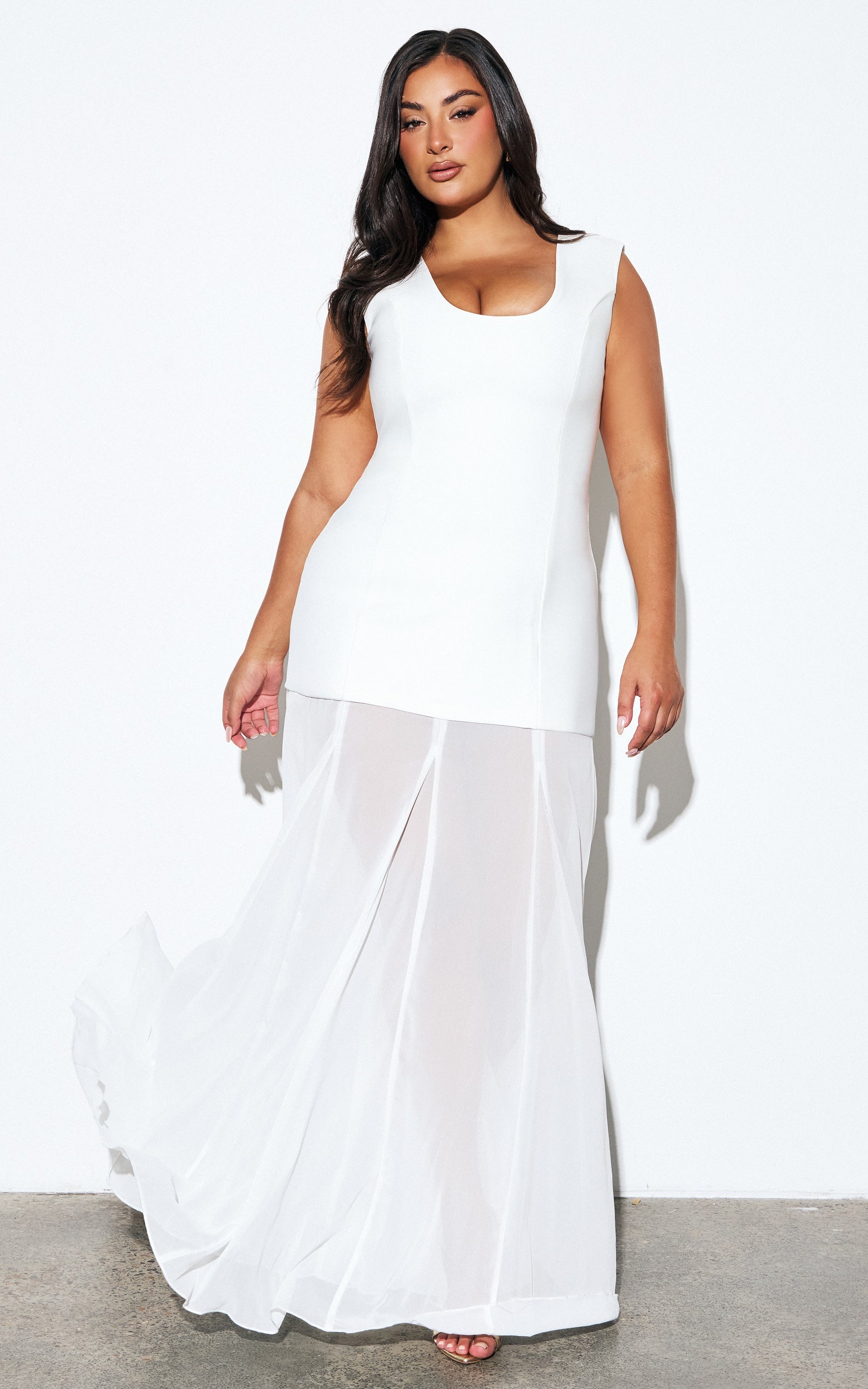 Frances Maxi Dress - Contrast U Neck Godet A Line Dress in Ivory