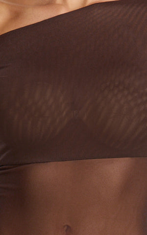 Ivy Mini Dress - Tip Shoulder Asymmetric Ruched Yoke Dress in Chocolate