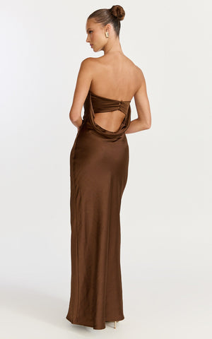 Charlita Maxi Dress - Strapless Cowl Back Satin Dress in Chocolate