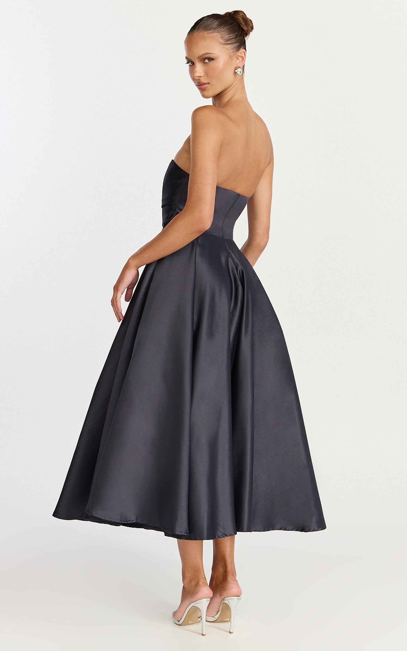 Helaina Midi Dress - Strapless A-Line Satin Dress in Navy