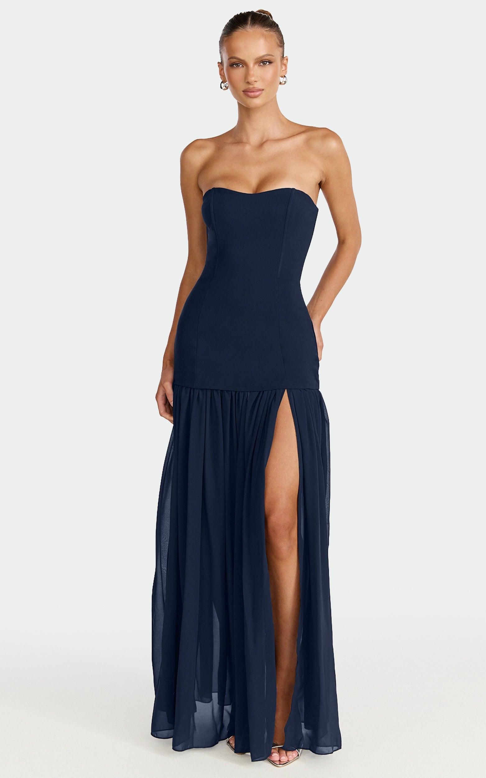 Jocelyn Maxi Dress - Strapless Ruched Fit And Flare Dress in Navy