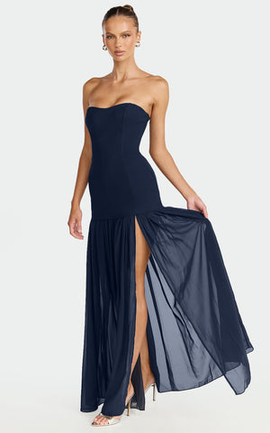 Jocelyn Maxi Dress - Strapless Ruched Fit And Flare Dress in Navy
