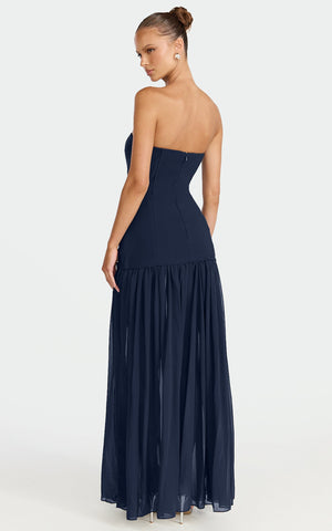 Jocelyn Maxi Dress - Strapless Ruched Fit And Flare Dress in Navy