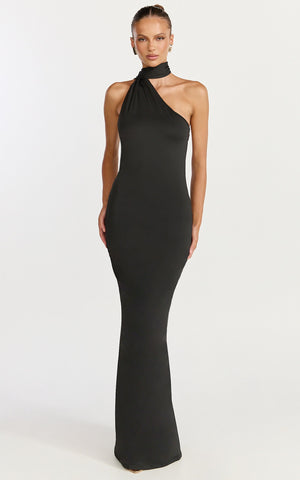 Seraphine Maxi Dress - Halter Neck Low Back Fit And Flare Dress in Black