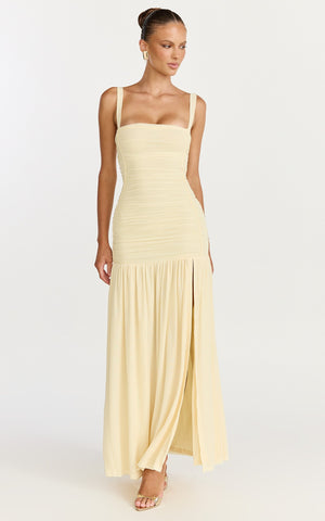 Cardi Maxi Dress - Ruched Mesh High Leg Split Dress in Lemon