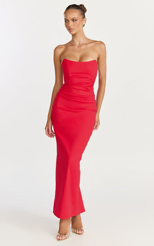 Pietra Midi Dress - Strapless Side Seam Tucks Fitted Dress in Red