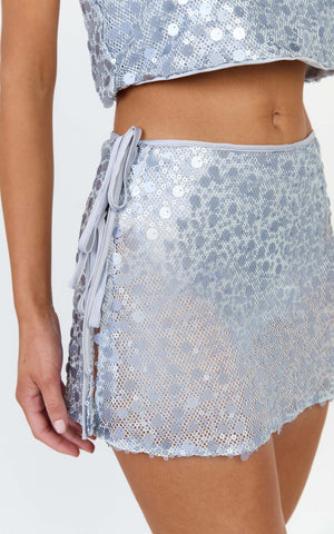 Kai Two Piece Top and Skirt Set - Sequin Crop Top and Wrap Tie Side Mini Skirt in Light Blue