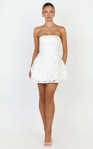 Cosima Mini Dress - Strapless 3D Floral Fit And Flare Dress in White