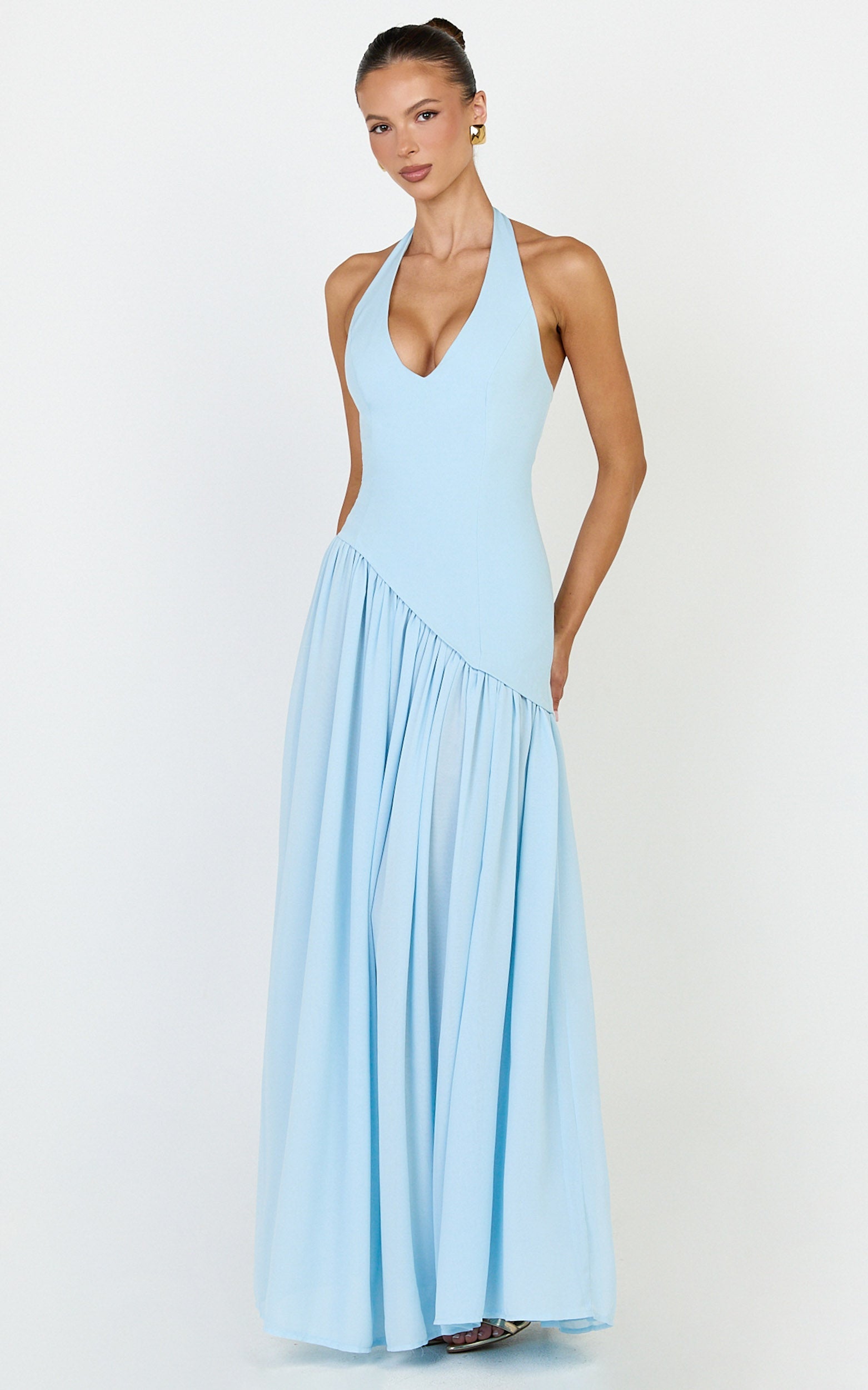 Calla Maxi Dress - Halter Neck Asymmetric Dropped Waist Dress in Blue