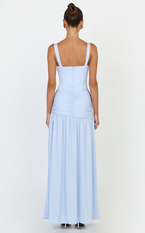Freya Maxi Dress - Twist Bust Detail Drop Waist Dress in Blue