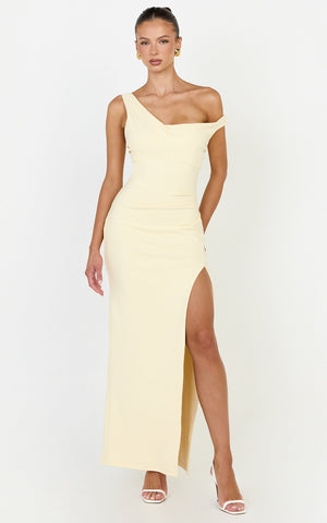 Rina Maxi Dress - Off Shoulder High Split Dress in Lemon