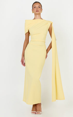 Visenta Midi Dress - Asymmetrical Sleeve Dress in Yellow