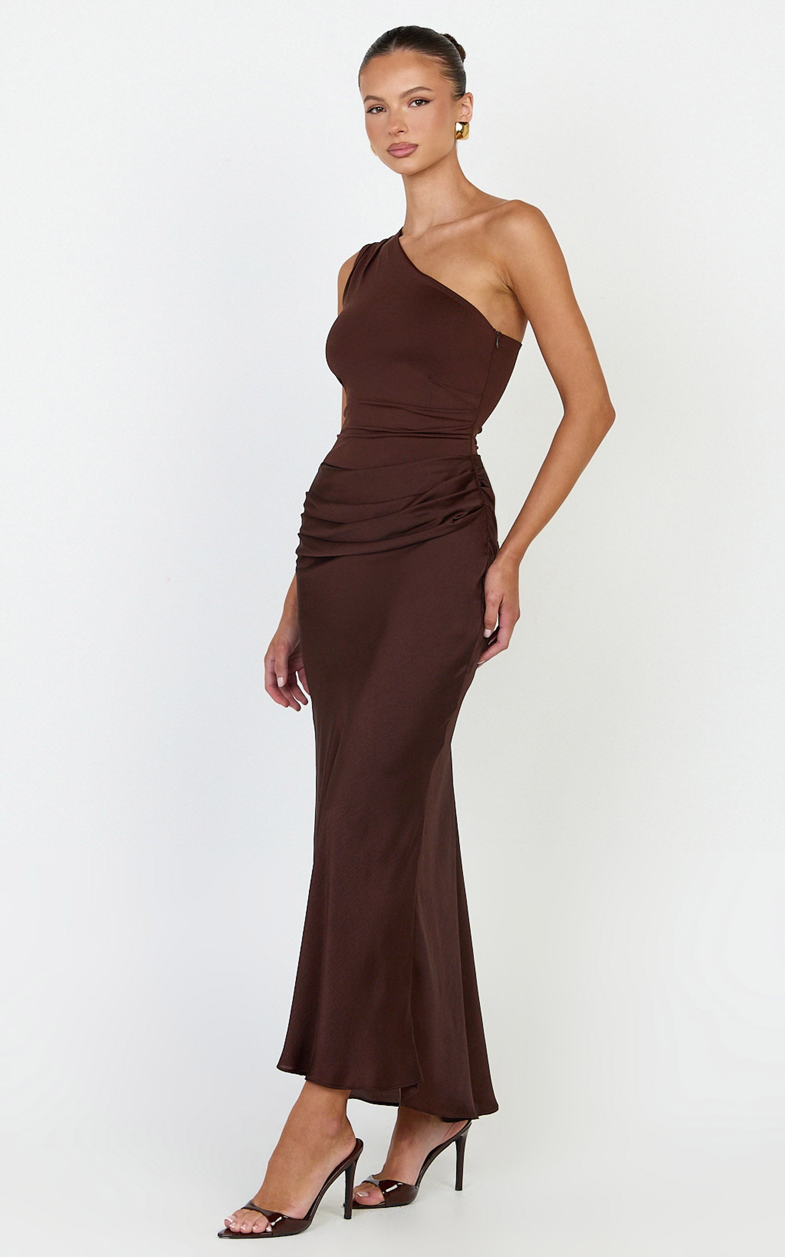 Astrid Midi Dress - One Shoulder Contrast Satin Dress in Chocolate