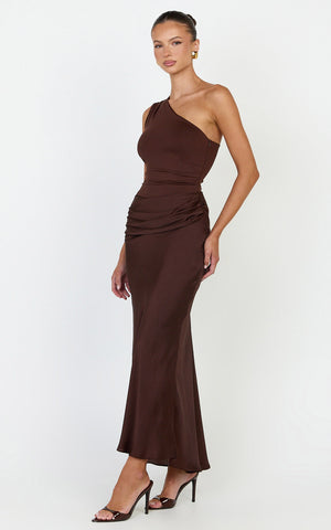 Astrid Midi Dress - One Shoulder Contrast Satin Dress in Chocolate
