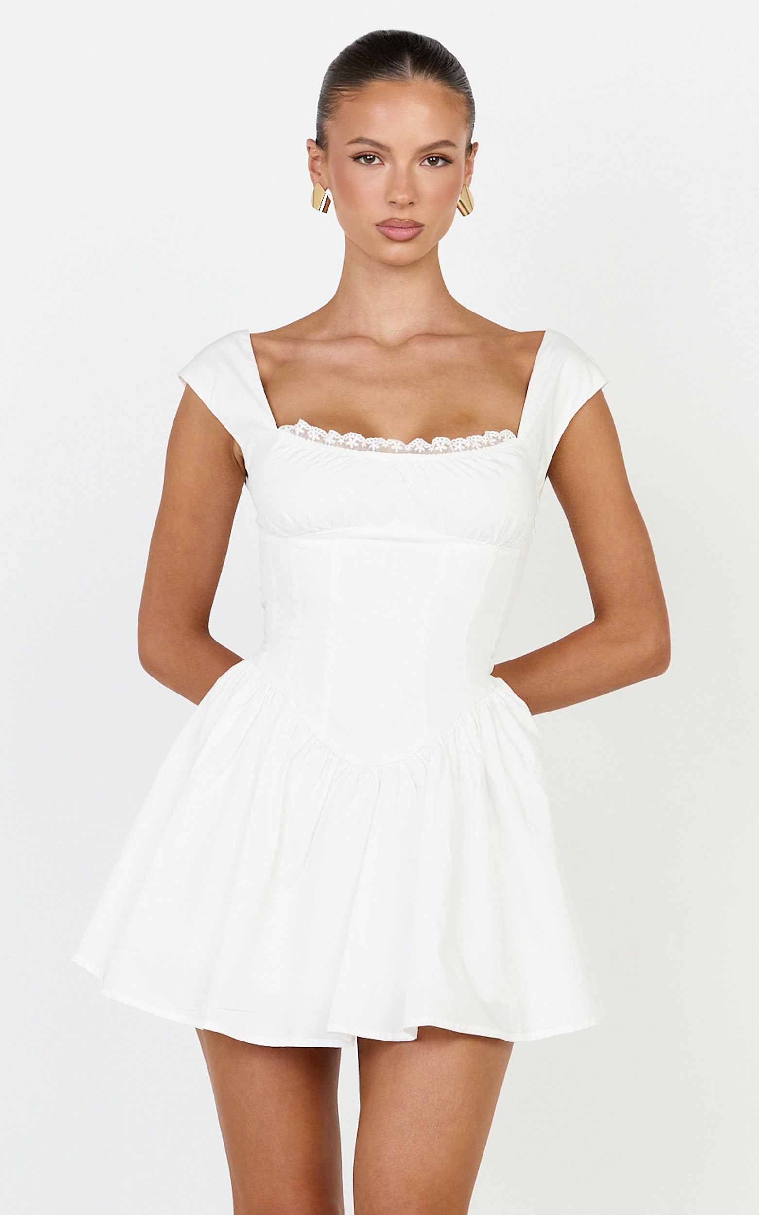 Clementine Mini Dress - Cap Sleeve Lace Trim Fit And Flare Mini Dress in Off White