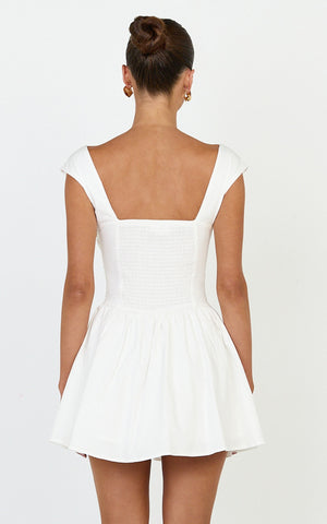 Clementine Mini Dress - Cap Sleeve Lace Trim Fit And Flare Mini Dress in Off White
