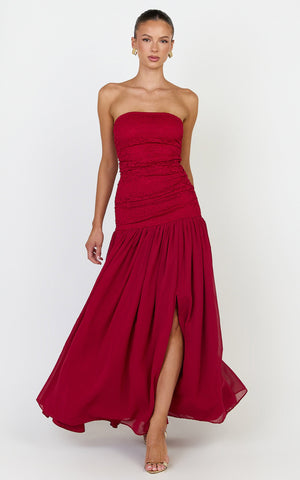 Kyra Maxi Dress - Strapless Lace Bodice Contrast Skirt Dress in Wine