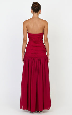 Kyra Maxi Dress - Strapless Lace Bodice Contrast Skirt Dress in Wine