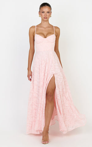 Rachel Maxi Dress - Sweetheart Neckline Jacquard Front Split Dress in Pink