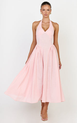 Athena Midi Dress - Halter Drop Waist Dress in Pink