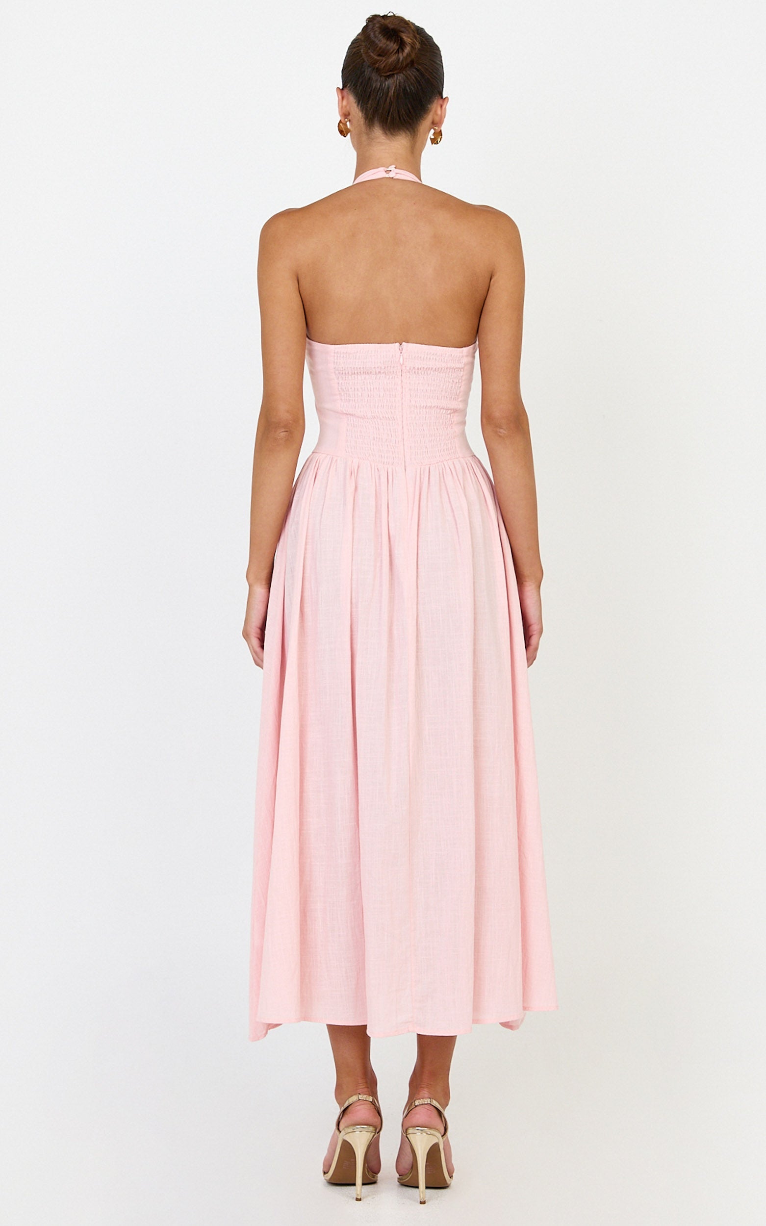Athena Midi Dress - Halter Drop Waist Dress in Pink