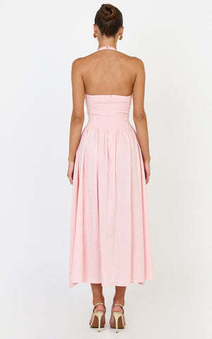 Athena Midi Dress - Halter Drop Waist Dress in Pink