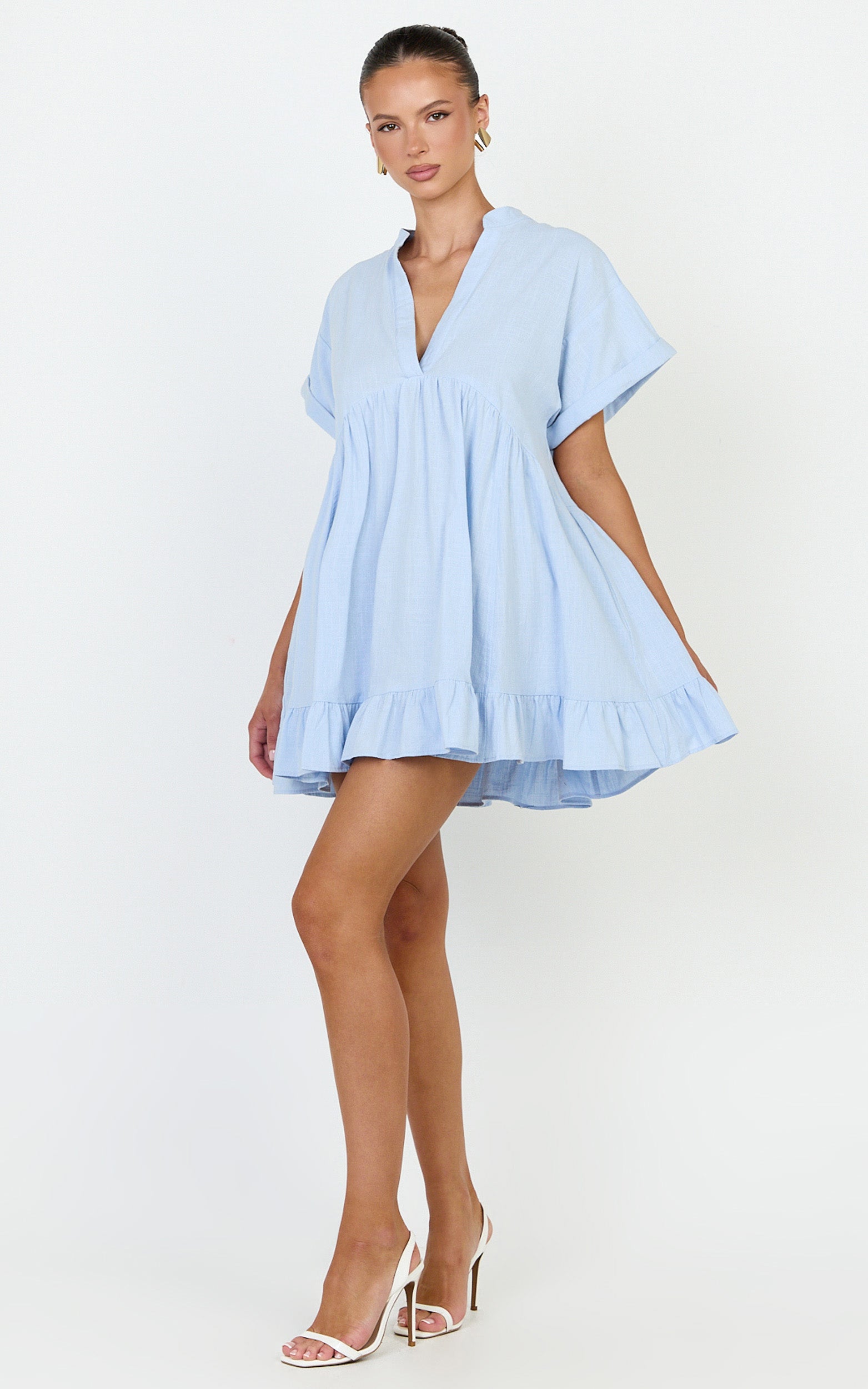 Calissa Mini Dress - Frill Hem Smock Dress in Light Blue