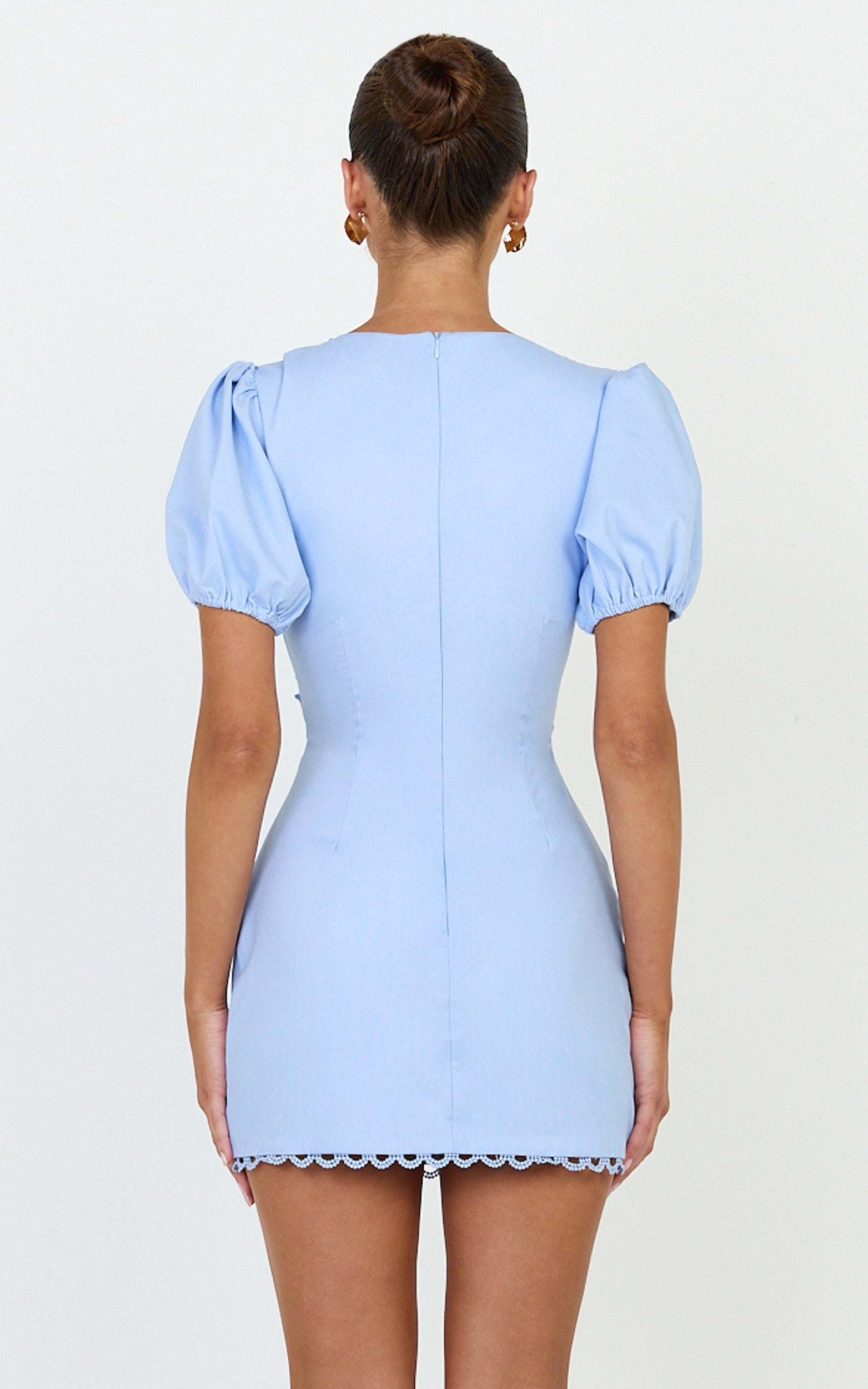 Carolyn Mini Dress - V Neck Puff Sleeve Dress in Light Blue