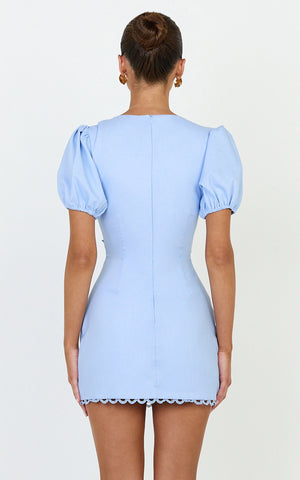 Carolyn Mini Dress - V Neck Puff Sleeve Dress in Light Blue