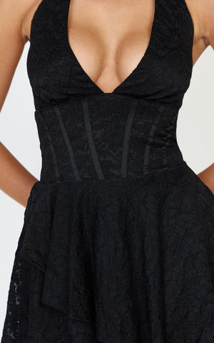 Lacey Mini Dress - Lace Corset Style Bodice Halter Dress in Black