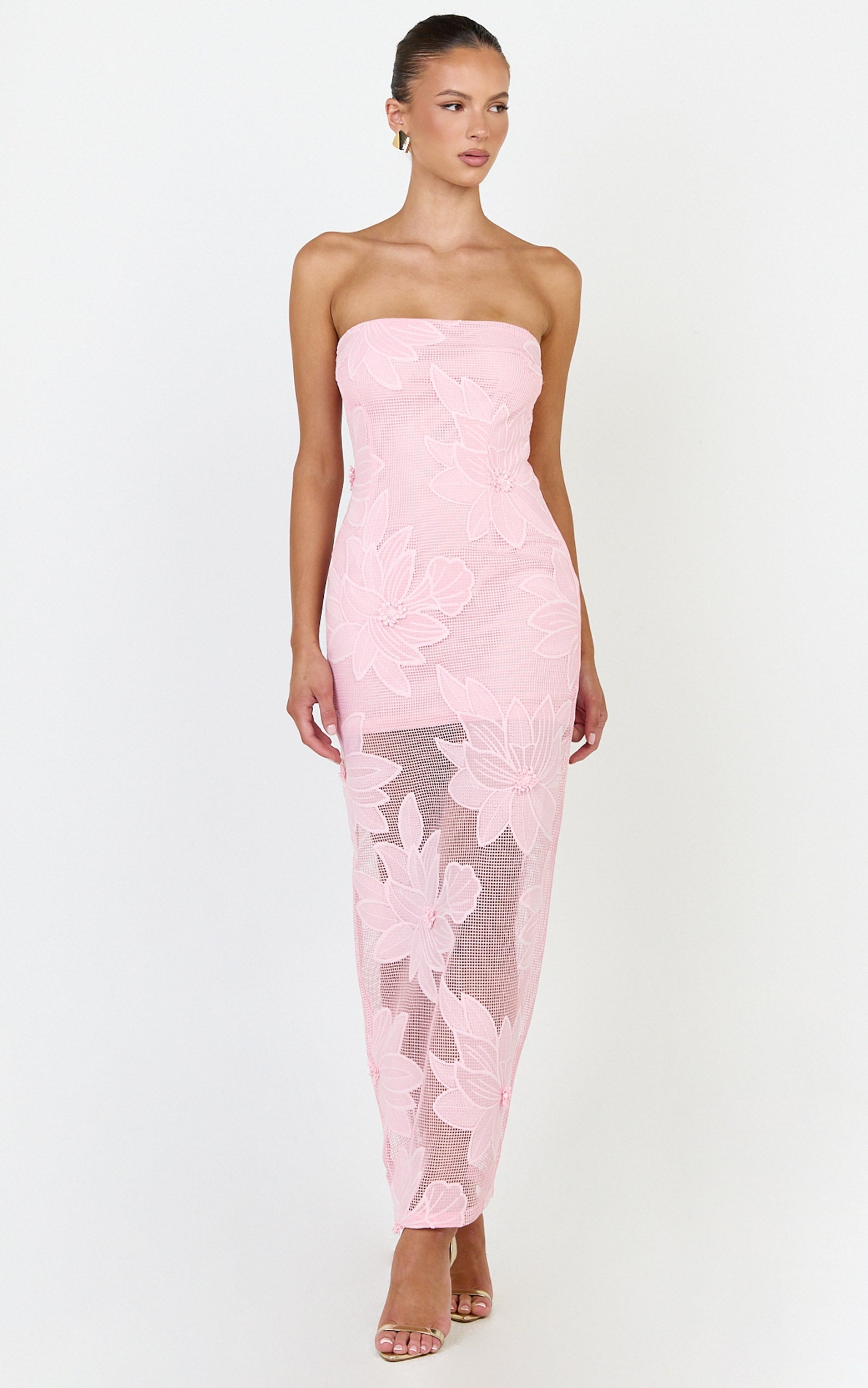 Sienna Midi Dress - Strapless Floral Embroidered Bodycon Dress in Pink