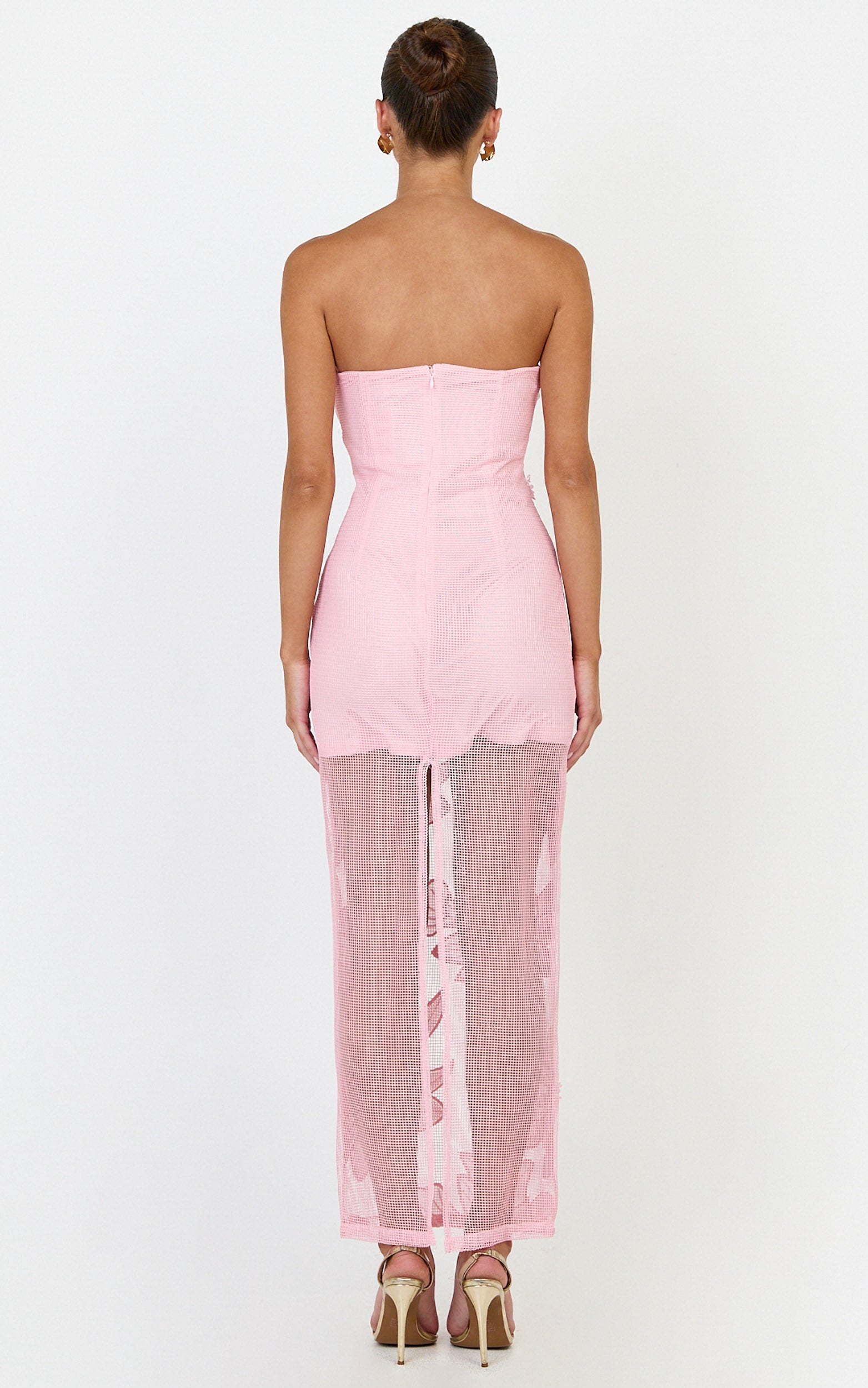Sienna Midi Dress - Strapless Floral Embroidered Bodycon Dress in Pink