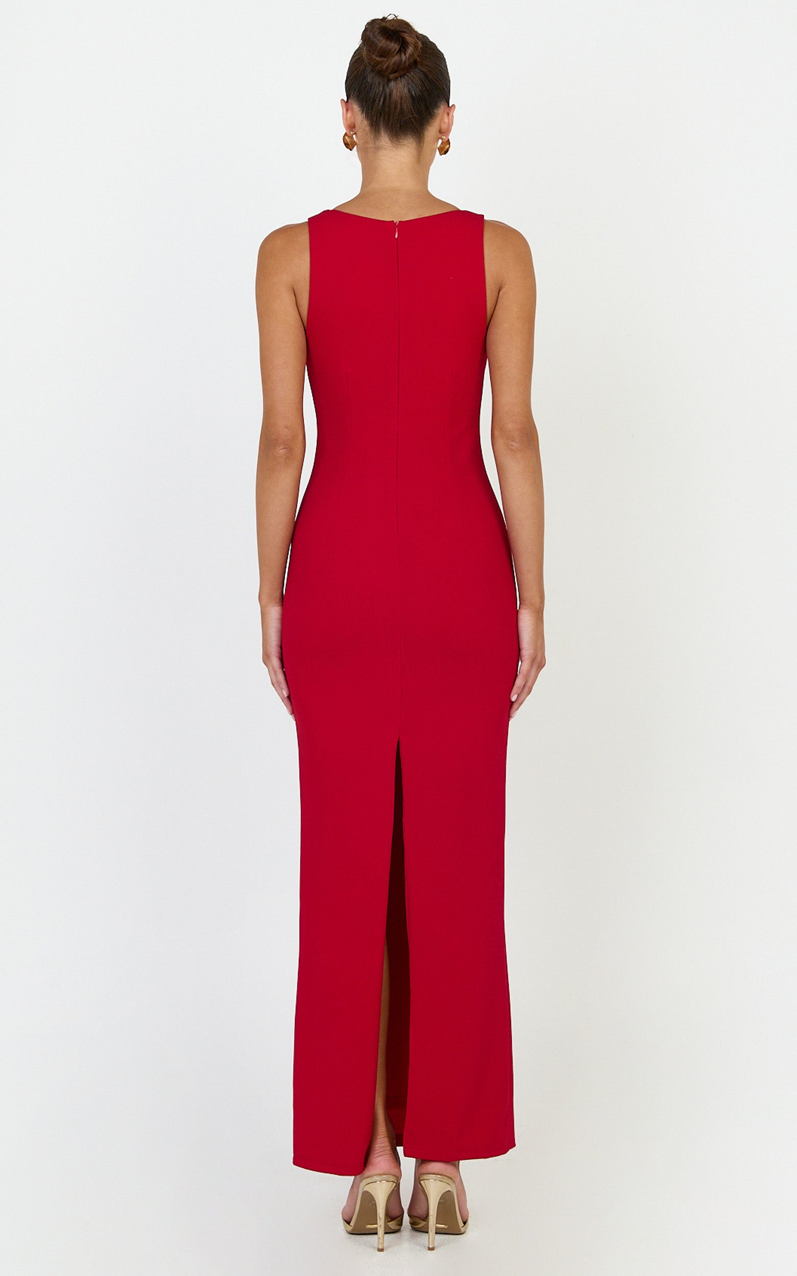 Jolie Midi Dress - Sleeveless Cut Out Fitted Dress in Red