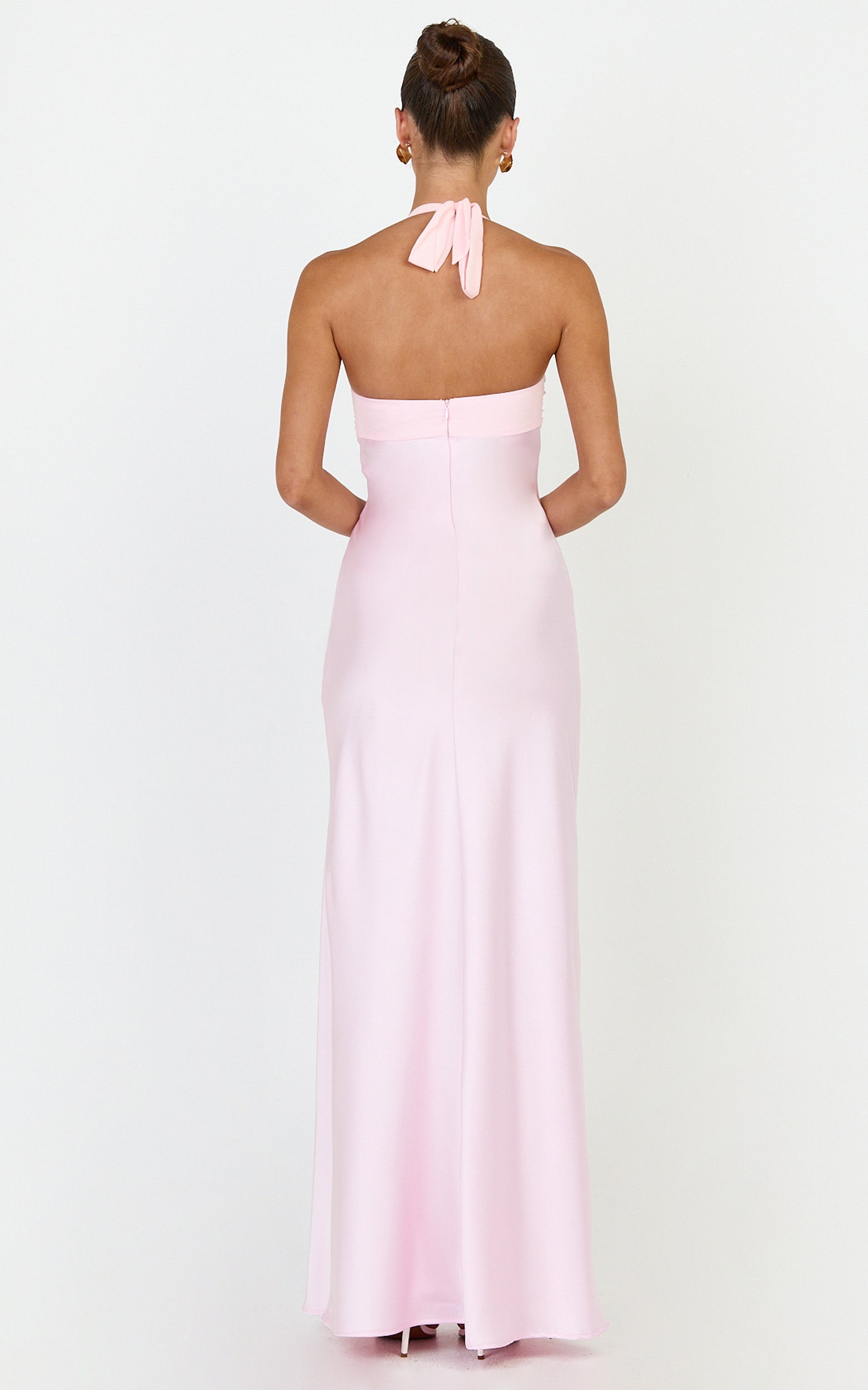 Flynn Maxi Dress - Satin Halter Sweetheart Neck Dress in Pink