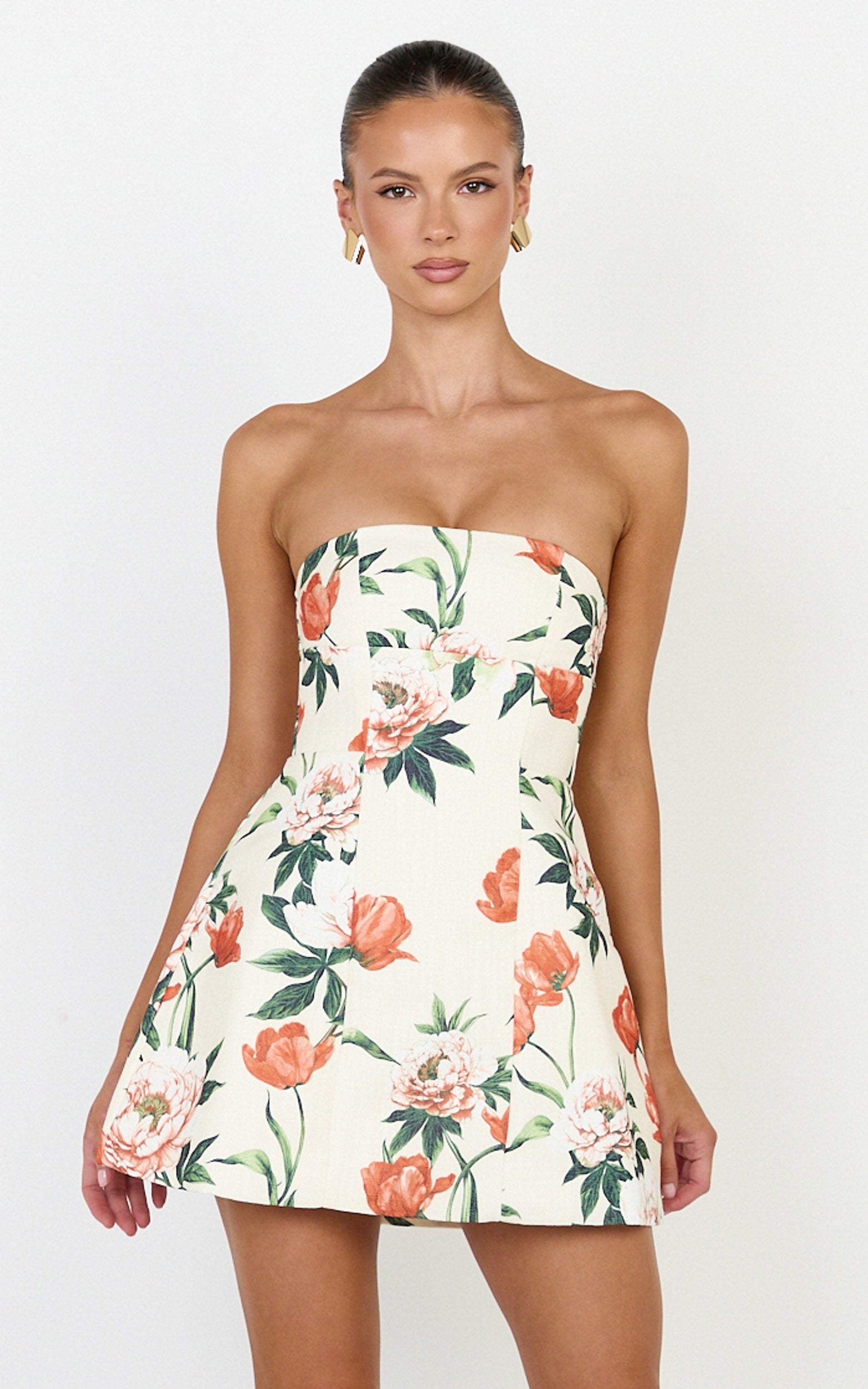 Catharine Mini Dress - Strapless A Line Dress in Rustic Floral