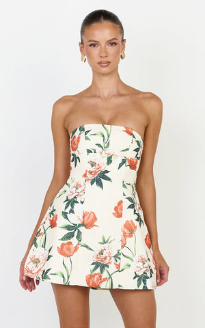 Catharine Mini Dress - Strapless A Line Dress in Rustic Floral