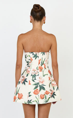 Catharine Mini Dress - Strapless A Line Dress in Rustic Floral