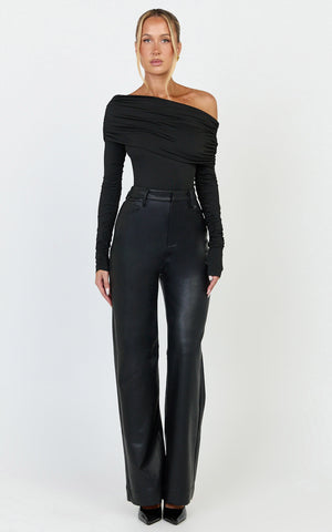 Hallie Bodysuit - One Shoulder Draped Long Sleeve Bodysuit in Black
