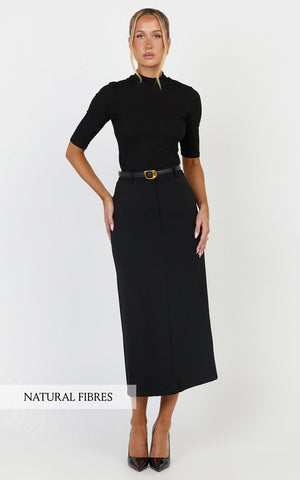 Tilda Top - High Neck Short Sleeve Fitted Top in Black