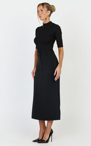 Alanna Midi Skirt - High Waisted Back Split Pencil Skirt in Black